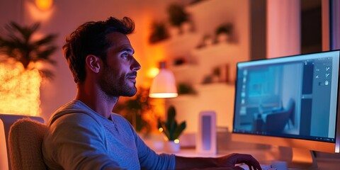 A man in a contemporary home office adjusts the lighting and temperature using a smart home app, establishing a productive and comfortable workspace.