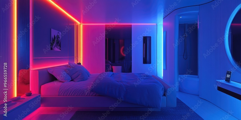 Poster An individual in a futuristic bedroom uses a smart device to fine-tune the lighting and temperature, establishing a serene and customized atmosphere with advanced technol