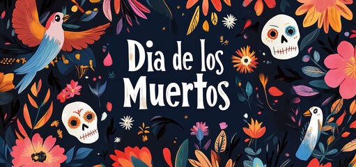 Dia de los muertos festival wallpaper pattern with sugar skull (calavera) and colorful flowers on dark, black background. Cultural, traditional, floral wallpaper concept. 