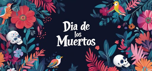 Obraz premium Dia de los muertos festival wallpaper pattern with sugar skull (calavera) and colorful flowers on dark, black background. Cultural, traditional, floral wallpaper concept. 