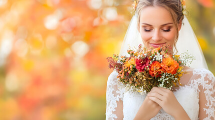 Fototapeta premium Autumn Inspired Wedding Scene with Bride Holding Bouquet of Fall Flowers