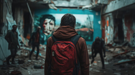 Obraz premium A survivor standing in front of a mural on a crumbling wall that depicts a world before the outbreak. Zombies shuffle past, oblivious to the art that captures the lost world.