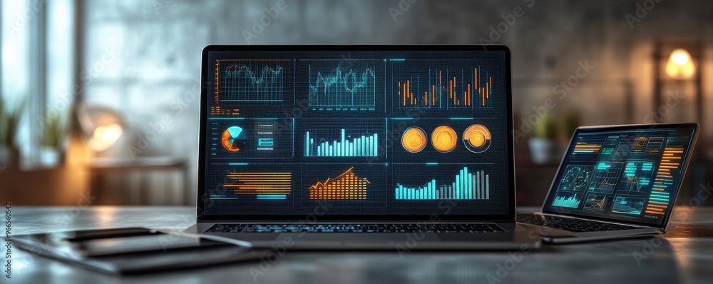Poster digital display of business graphs and analytics on laptops in a modern office setting depicting dat