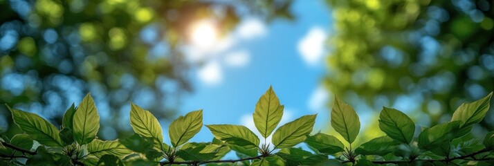 Obraz premium Sunlit Green Leaves Against a Blurry Sky Background