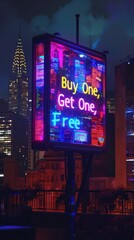 Vibrant Neon Advertisement Displayed on Illuminated Digital Billboard in Busy City Skyline at Night  Colorful Retail Promotion Offering  Buy One Get One Free  Deal