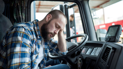 Tired Bearded Man in a Checkered Shirt Resting His Head in a Truck Cabin, Battling Driver Fatigue