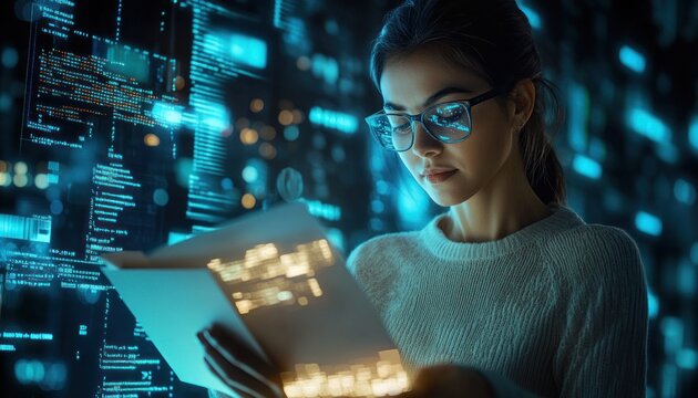 Young Woman Coding in Front of a Digital Screen