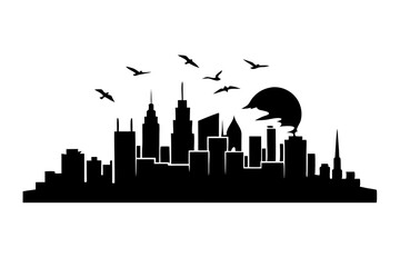 Dramatic City Skyline Silhouette with Sunset and Flying Birds Line Drawing Illustration