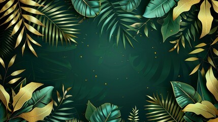 Lush Green and Golden Tropical Leaves Border with Empty Center