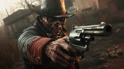 A man in a cowboy hat is holding a gun