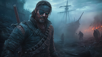 Obraz premium A man with a sword and a bandana on his head stands in front of a ship