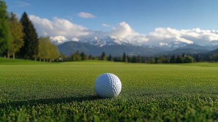 Golf Ball on a Green with Mountainous Background