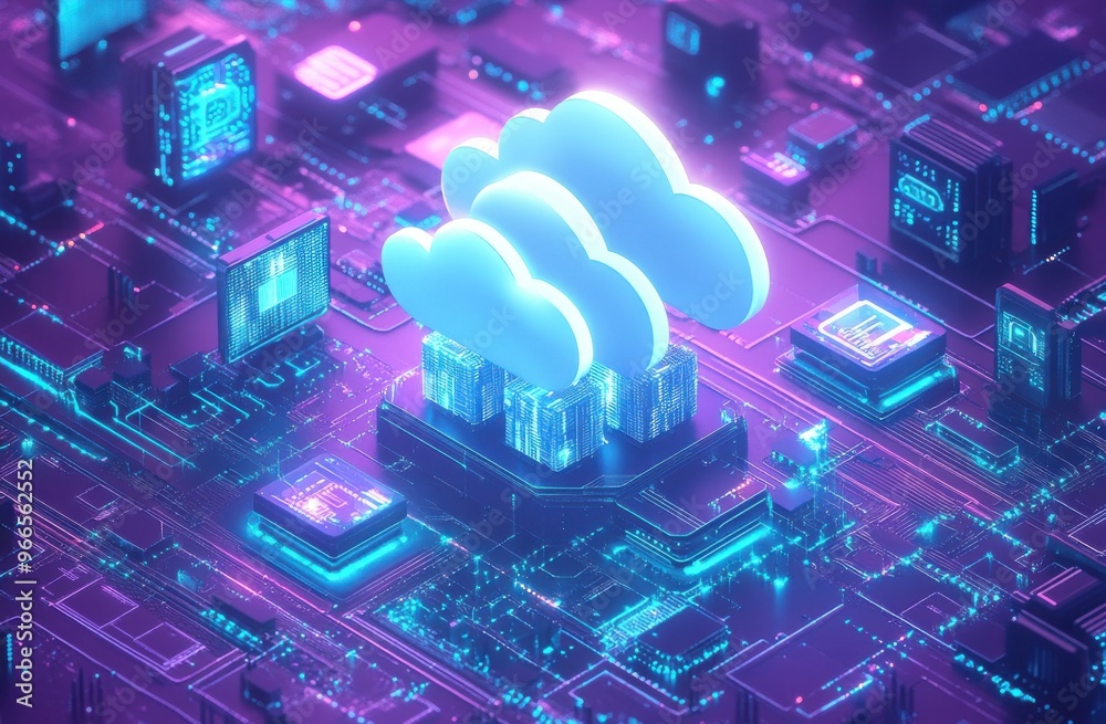 Wall mural digital illustration of cloud technology and data storage in a futuristic circuit board environment