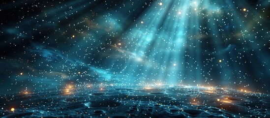 Breathtaking cosmic landscape with shimmering celestial elements including galaxies nebulae and stars set against the backdrop of a distant metropolis illuminated by glowing lights