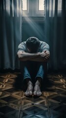 Full shot sad boy sitting on floor