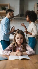 Fototapeta premium Little unhappy girl sitting at table while parents arguing on kitchen