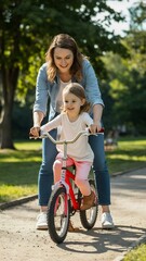 Obraz premium Mother little girl and bicycle teaching with trning wheels for learning or practice at the park happy mom helping child to ride her first bike with smile for proud playful moments in the outdoors