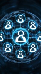 Social network technologies concept with digital graphic user symbols connected by lines on abstract dark blue background 3d rendering