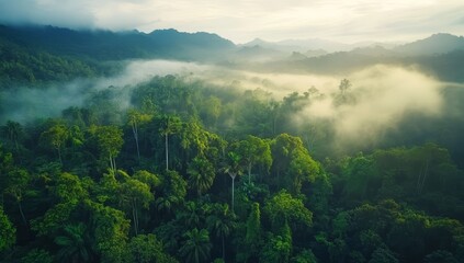 Aerial view of a tropical rainforest landscape in the morning with mist above the green trees. Lush jungle landscape background.