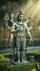 Fototapeta premium Statue of Lord Shiva holding trident and lotus in a garden