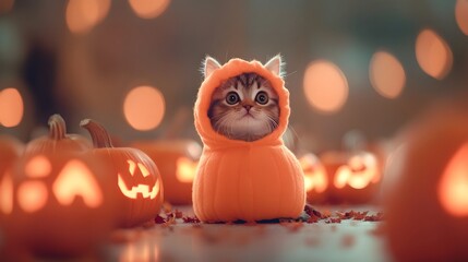 Naklejka premium Adorable Cat in Pumpkin Costume Among Glowing Halloween