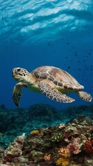Obraz premium Underwater turtle swimming in the deep sea exploring the coral reef artificial intelligence