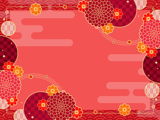 赤いダリアの背景、和風のレトロポップなフレーム