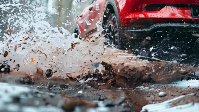 Red SUV car stuck in the mud, fast driving into puddle with mud on a woodland road