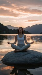 Young woman meditating on a rock on the lake at sunset spirituality meditation