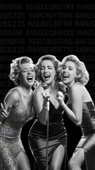 Holidays, friends, bachelorette party, nightlife and people concept - three women in evening dresses with microphone singing karaoke over black background