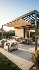 Obraz premium Modern patio furniture include a pergola shade structure an awning a patio roof a dining table