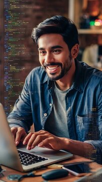 Smiling Indian programmer working on laptop