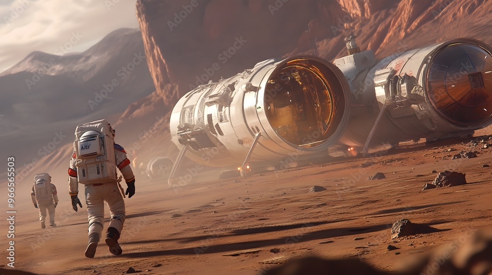 Poster Astronauts Exploring the Captivating Landscape of Mars with Towering Mountains in the Distance