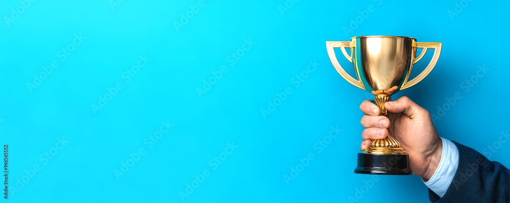 Wall mural Businessman or boss holding champion golden trophy for winner, success and achievement award in business concept. Man in a suit with a gold trophy prize on blue background.