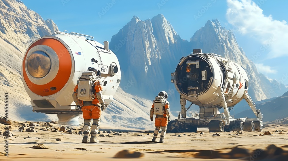 Poster Astronauts Exploring the Rugged Martian Landscape with Habitat and Towering Mountains in the Distance