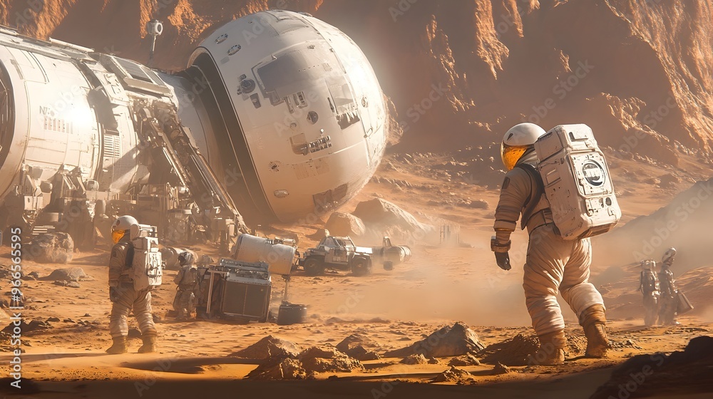Poster Astronauts Exploring the Rugged Martian Landscape with Habitat in the Distance