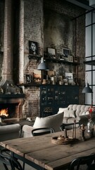 Loft interior fireplace and decor on old wall