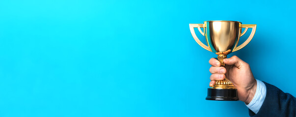 Businessman or boss holding champion golden trophy for winner, success and achievement award in business concept. Man in a suit with a gold trophy prize on blue background.