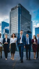 Team of diverse business people at strs of company office building