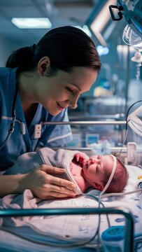 Nurse caring for newborn baby in hospital incubator