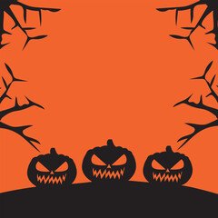 halloween pumpkins surrounded by dry tree branches on colored background, halloween background