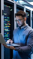 Licensed programmer running code on laptop, troubleshooting and updating data center equipment designed to accommodate server clusters, networking systems and storage arrays, close up