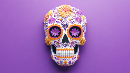 Dia de los muertos festival celebration. Colorful, vibrant image of a calavera with orange and purple flowers. Traditional sugar skull with decoration background. Mexico tradition and culture.