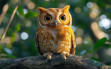 A brown owl with yellow eyes perched on a branch, looking directly at the camera, with a green and blurred background.