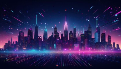 A futuristic city skyline with neon lights and stars