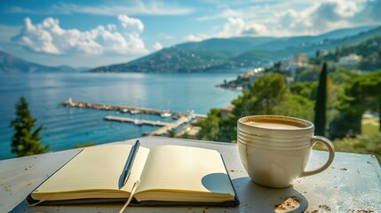 Coffee, Notebook, and Pen on a Table Overlooking a Coastal Town