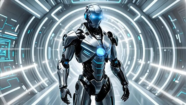 Futuristic robot standing in high-tech corridor with glowing lights. Technology concept