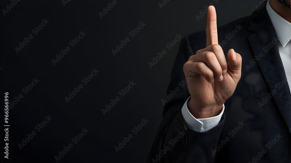 Poster businessman in suit gesturing towards invisible interface with raised finger