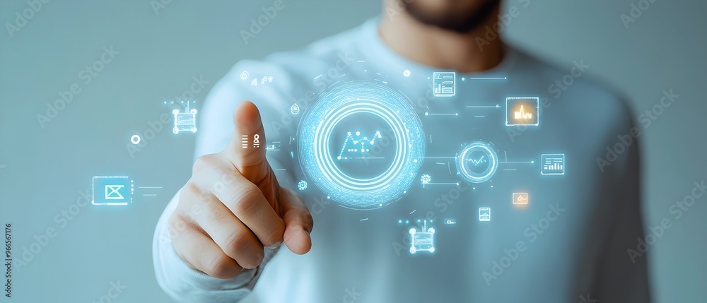 Poster businessman interacting with invisible digital business analytics interface