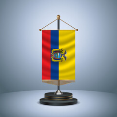 Ecuador Vertical table flag with golden pole of on dark  gradient background